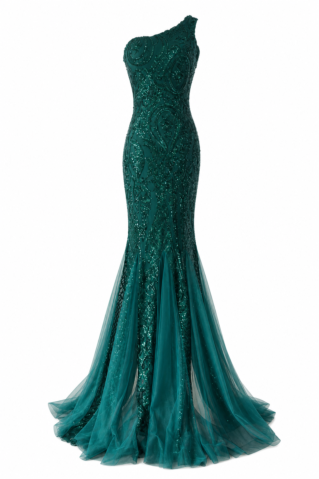 Robe sirène asymétrique sequins vert émeraude – Robe de Luxe de la boutique Lovea Paris