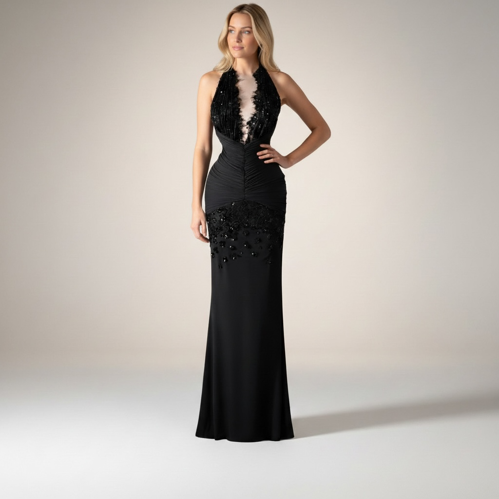 Robe Cathy sirène noire col halter dentelle sequins – Robe de Luxe de la boutique Lovea Paris