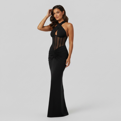 Robe maxi noire moulante décolleté plongeant dos nu – Robe de Luxe de la boutique Lovea Paris
