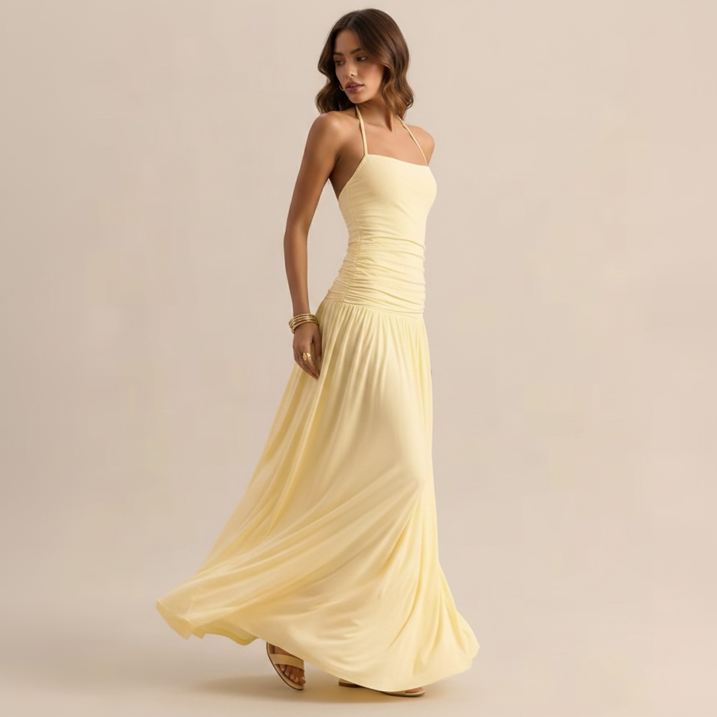 Robe maxi halter dos nu drapée – Robe de Luxe de la boutique Lovea Paris