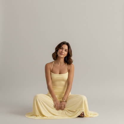 Robe maxi halter dos nu drapée – Robe de Luxe de la boutique Lovea Paris
