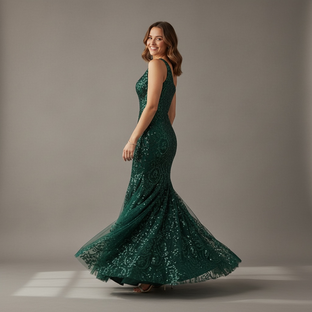 Robe sirène asymétrique sequins vert émeraude – Robe de Luxe de la boutique Lovea Paris