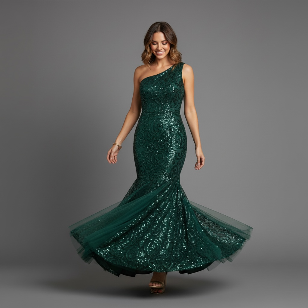 Robe sirène asymétrique sequins vert émeraude – Robe de Luxe de la boutique Lovea Paris