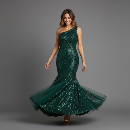 Robe sirène asymétrique sequins vert émeraude – Robe de Luxe de la boutique Lovea Paris