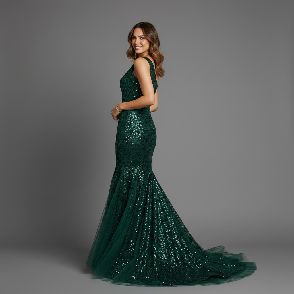 Robe sirène asymétrique sequins vert émeraude – Robe de Luxe de la boutique Lovea Paris