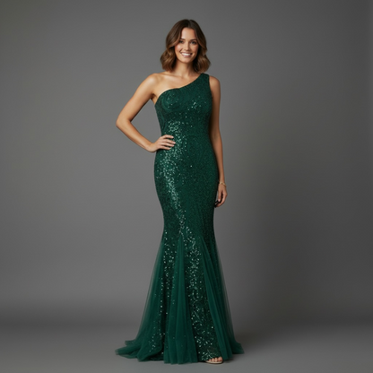 Robe sirène asymétrique sequins vert émeraude – Robe de Luxe de la boutique Lovea Paris