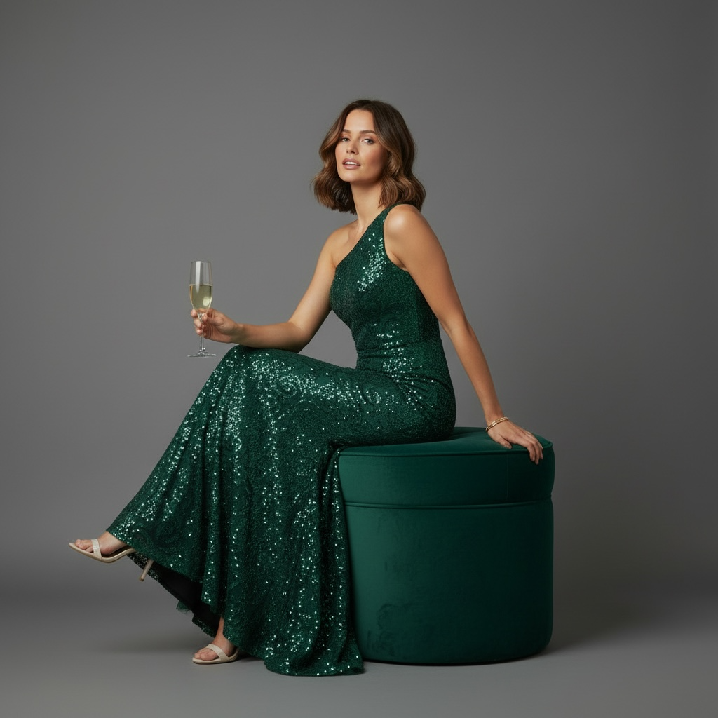 Robe sirène asymétrique sequins vert émeraude – Robe de Luxe de la boutique Lovea Paris