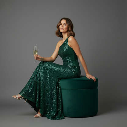 Robe sirène asymétrique sequins vert émeraude – Robe de Luxe de la boutique Lovea Paris