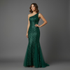 Robe sirène asymétrique sequins vert émeraude – Soirée Glamour | Lovea