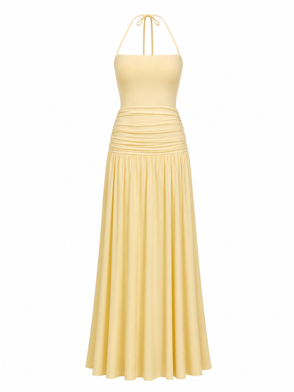 Robe maxi halter dos nu drapée – Robe de Luxe de la boutique Lovea Paris