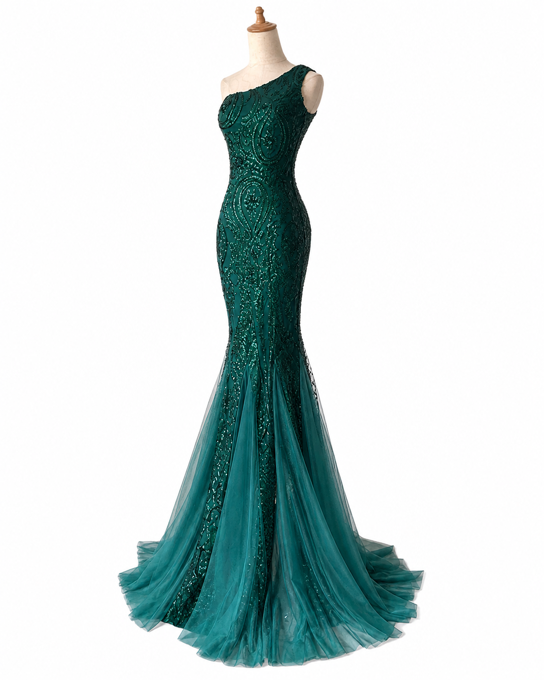Robe sirène asymétrique sequins vert émeraude – Robe de Luxe de la boutique Lovea Paris