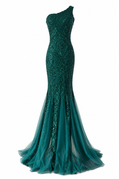 Robe sirène asymétrique sequins vert émeraude – Robe de Luxe de la boutique Lovea Paris